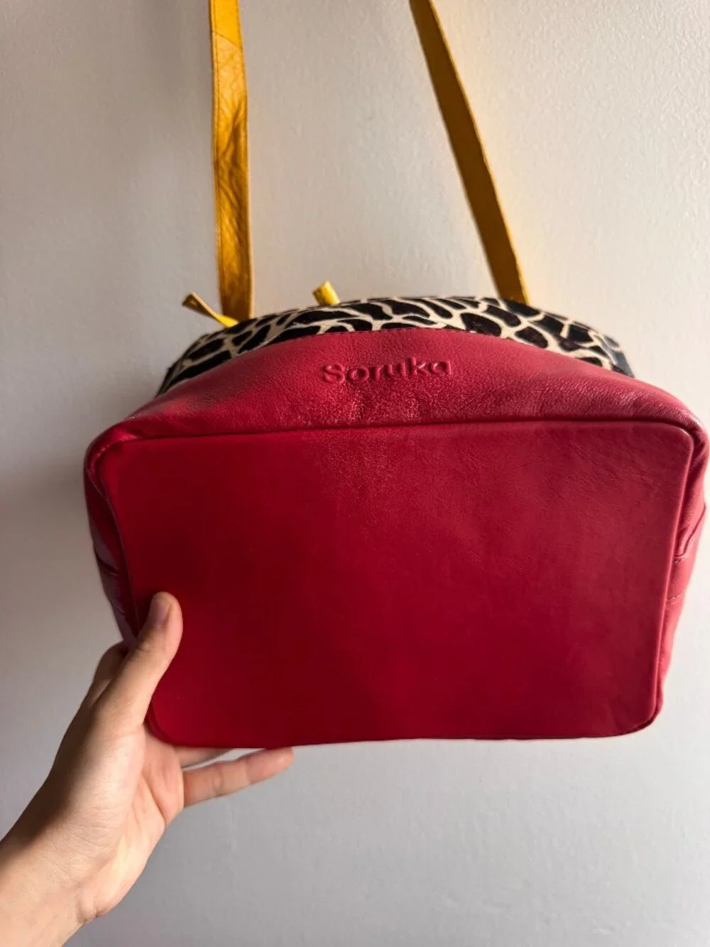 NWT Soruka Giraffe Print Leather Bucket Bag